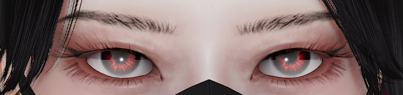 A close-up of a character's eyes washed out by a grey film over the irises